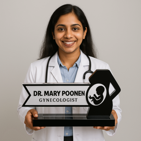 Gynecologist desk name plate with pregnant woman icon – black and silver acrylic name board for doctors