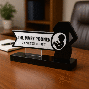 Gynecologist desk name plate with pregnant woman icon – black and silver acrylic name board for doctors