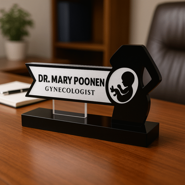 Gynecologist desk name plate with pregnant woman icon – black and silver acrylic name board for doctors