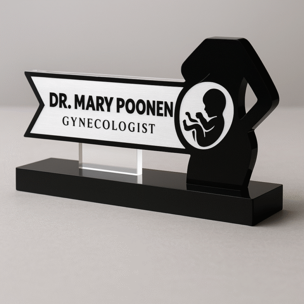 Gynecologist desk name plate with pregnant woman icon – black and silver acrylic name board for doctors