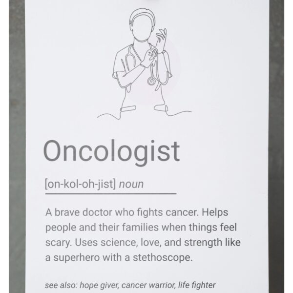 Minimalist line art of a doctor with gloves and stethoscope, accompanied by a heartfelt definition of an oncologist.