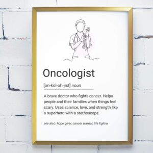 Minimalist line art of a doctor with gloves and stethoscope, accompanied by a heartfelt definition of an oncologist.