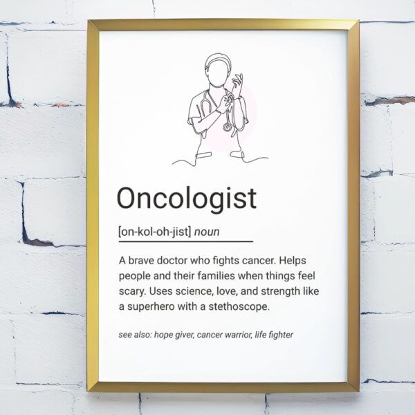 Minimalist line art of a doctor with gloves and stethoscope, accompanied by a heartfelt definition of an oncologist.
