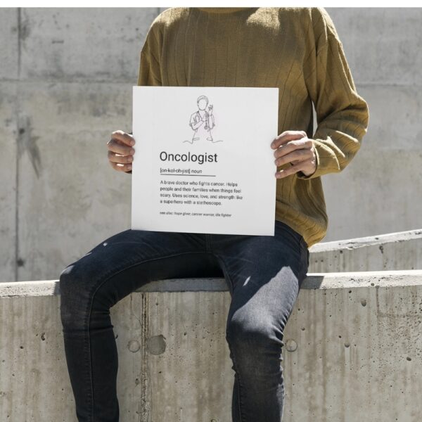 Minimalist line art of a doctor with gloves and stethoscope, accompanied by a heartfelt definition of an oncologist.