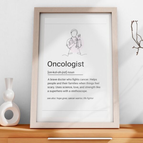 Minimalist line art of a doctor with gloves and stethoscope, accompanied by a heartfelt definition of an oncologist.