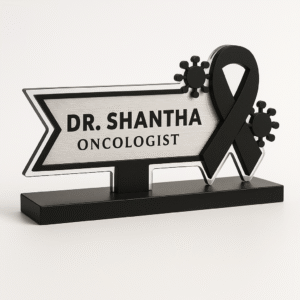 Oncologist desk name plate with cancer awareness ribbon and virus cell icons – custom acrylic doctor name board for oncology clinics