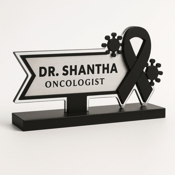 Oncologist desk name plate with cancer awareness ribbon and virus cell icons – custom acrylic doctor name board for oncology clinics