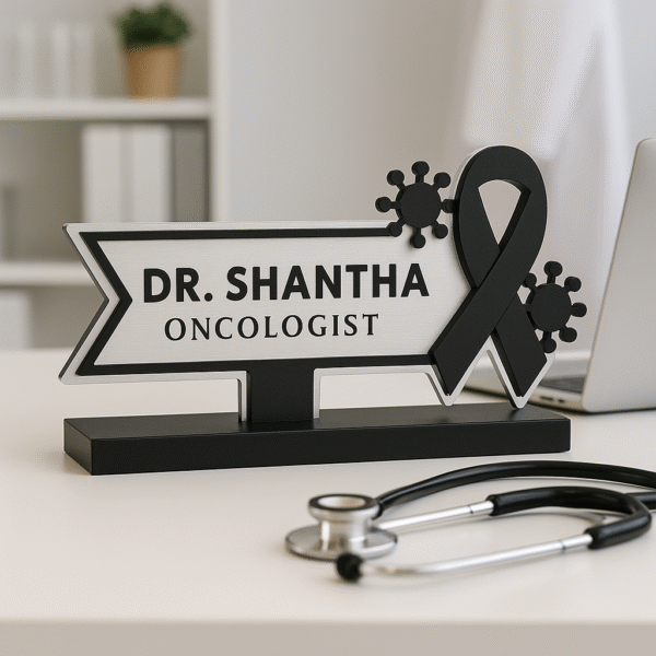 Oncologist desk name plate with cancer awareness ribbon and virus cell icons – custom acrylic doctor name board for oncology clinics
