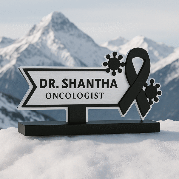 Oncologist desk name plate with cancer awareness ribbon and virus cell icons – custom acrylic doctor name board for oncology clinics