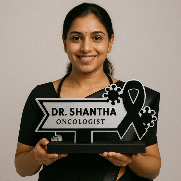 Oncologist desk name plate with cancer awareness ribbon and virus cell icons – custom acrylic doctor name board for oncology clinics