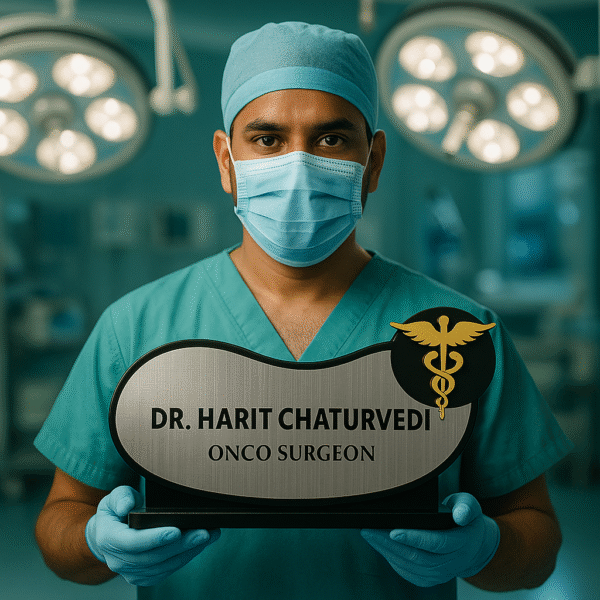 Acrylic desk name plate for onco surgeon with silver finish and gold medical emblem