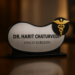 Acrylic desk name plate for onco surgeon with silver finish and gold medical emblem