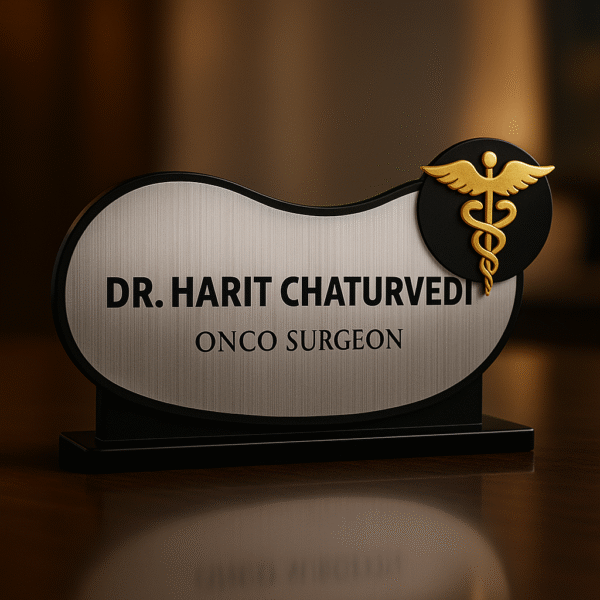 Acrylic desk name plate for onco surgeon with silver finish and gold medical emblem