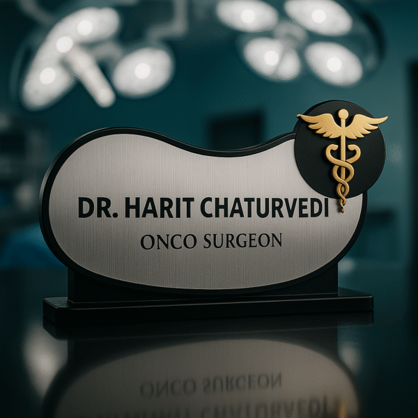 Acrylic desk name plate for onco surgeon with silver finish and gold medical emblem