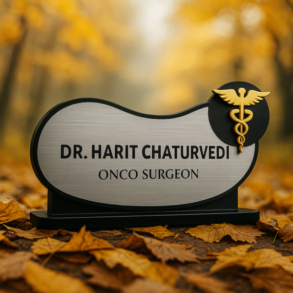 Acrylic desk name plate for onco surgeon with silver finish and gold medical emblem