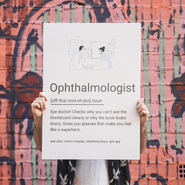 Minimalist illustrated poster featuring an eye check-up and a fun definition of an ophthalmologist.