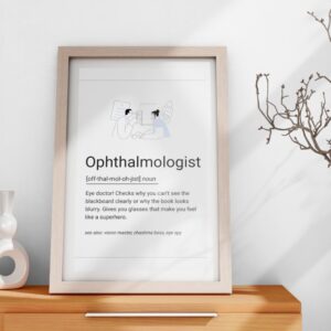 Minimalist illustrated poster featuring an eye check-up and a fun definition of an ophthalmologist.