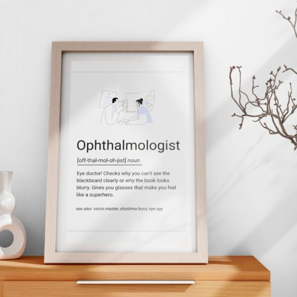 Minimalist illustrated poster featuring an eye check-up and a fun definition of an ophthalmologist.