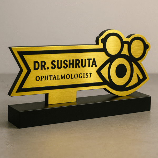 Ophthalmologist desk name plate with eye and spectacles icon – custom gold acrylic name board for eye specialists