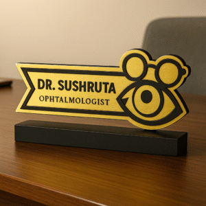 Ophthalmologist desk name plate with eye and spectacles icon – custom gold acrylic name board for eye specialists