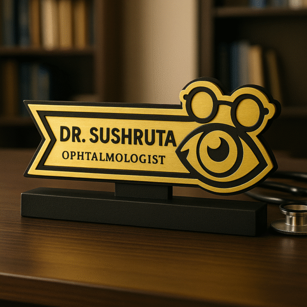 Ophthalmologist desk name plate with eye and spectacles icon – custom gold acrylic name board for eye specialists