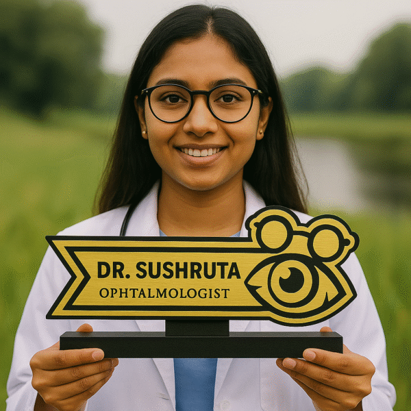 Ophthalmologist desk name plate with eye and spectacles icon – custom gold acrylic name board for eye specialists