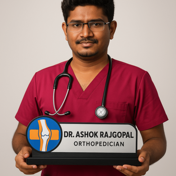 Orthopedic doctor desk name plate with knee joint icon and custom acrylic name board