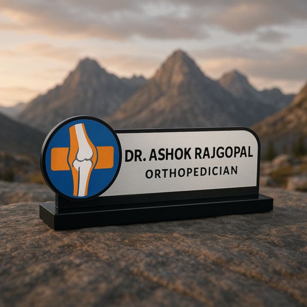 Orthopedic doctor desk name plate with knee joint icon and custom acrylic name board