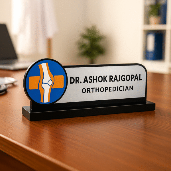 Orthopedic doctor desk name plate with knee joint icon and custom acrylic name board