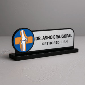 Orthopedic doctor desk name plate with knee joint icon and custom acrylic name board