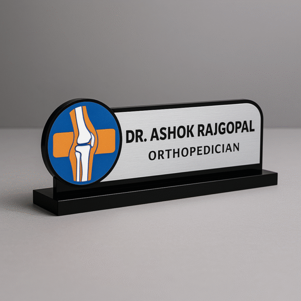 Orthopedic doctor desk name plate with knee joint icon and custom acrylic name board