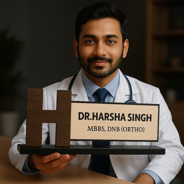 Orthopedic doctor name plate with bold H monogram, wooden base, and engraved acrylic panel for clinic desk