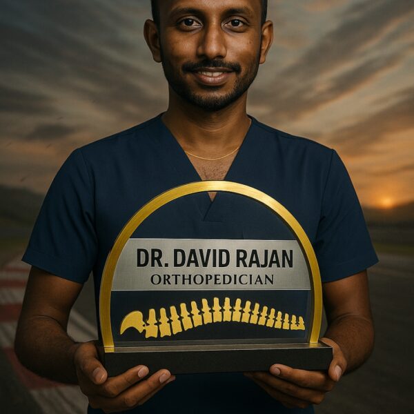 Custom orthopedic doctor name plate with spine vertebrae design in acrylic and gold finish