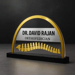 Custom orthopedic doctor name plate with spine vertebrae design in acrylic and gold finish