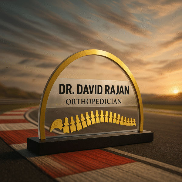 Custom orthopedic doctor name plate with spine vertebrae design in acrylic and gold finish