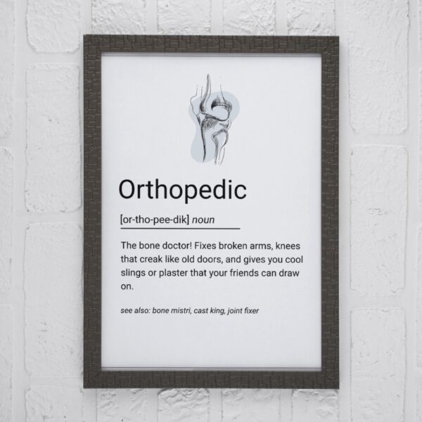 Line art orthopedic wall poster with a knee joint sketch and a humorous definition for an orthopedic doctor.