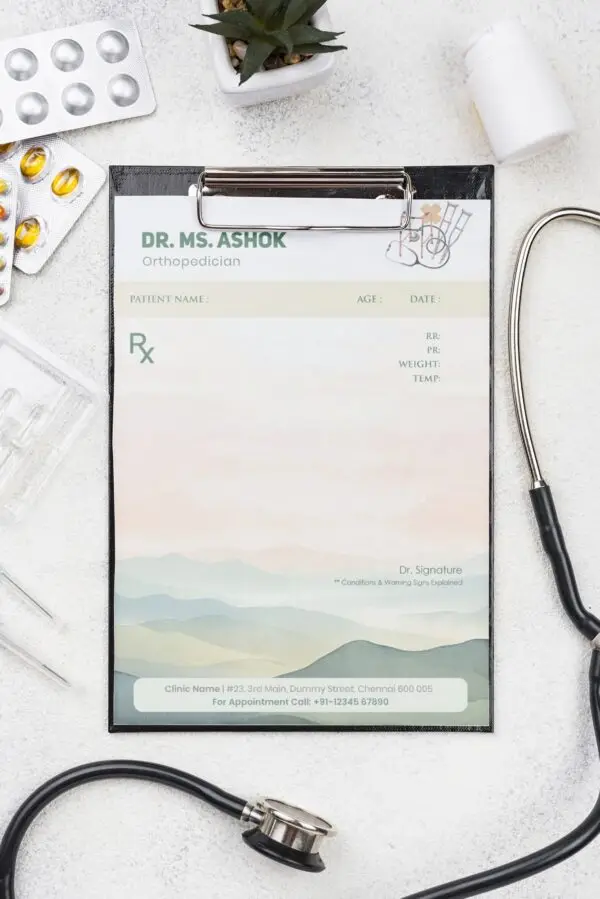 Custom orthopedic doctor prescription pad with soft mountain background, featuring Dr. MS. Ashok’s name, clinic details, and patient fields in an elegant green theme.
