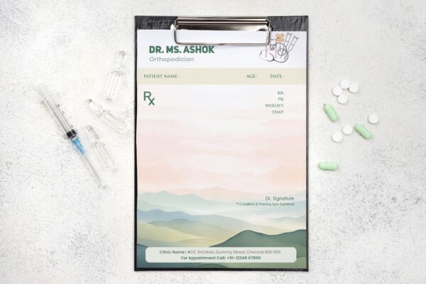Custom orthopedic doctor prescription pad with soft mountain background, featuring Dr. MS. Ashok’s name, clinic details, and patient fields in an elegant green theme.