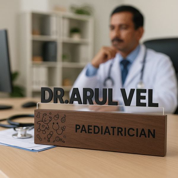 Customized pediatrician desk name plate with baby icons, wooden finish, and acrylic lettering for clinic table