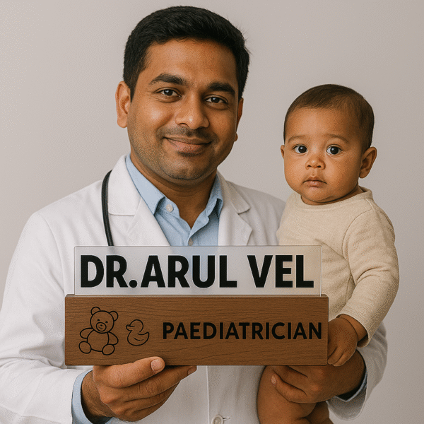 Customized pediatrician desk name plate with baby icons, wooden finish, and acrylic lettering for clinic table