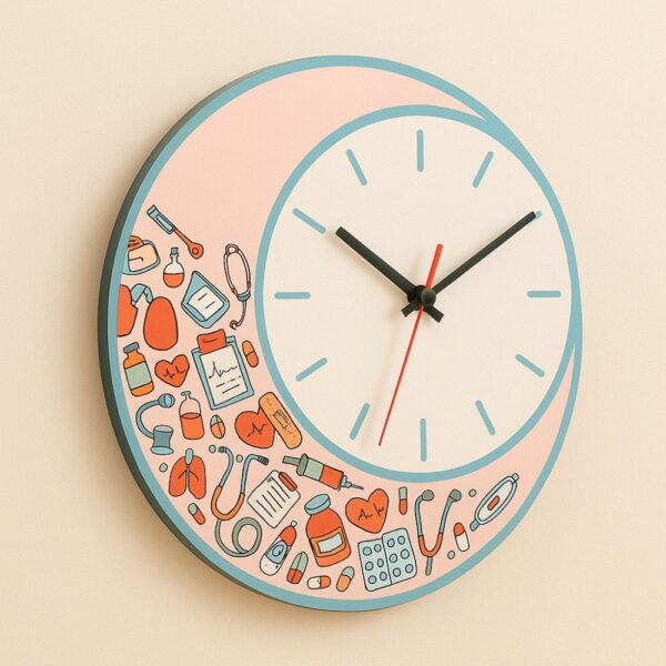 Colorful wall clock with doctor-themed medical icons – designed for clinic and hospital walls