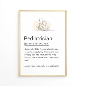 Illustrated definition poster of a pediatrician with a line drawing of a doctor and child, styled as a fun dictionary entry.