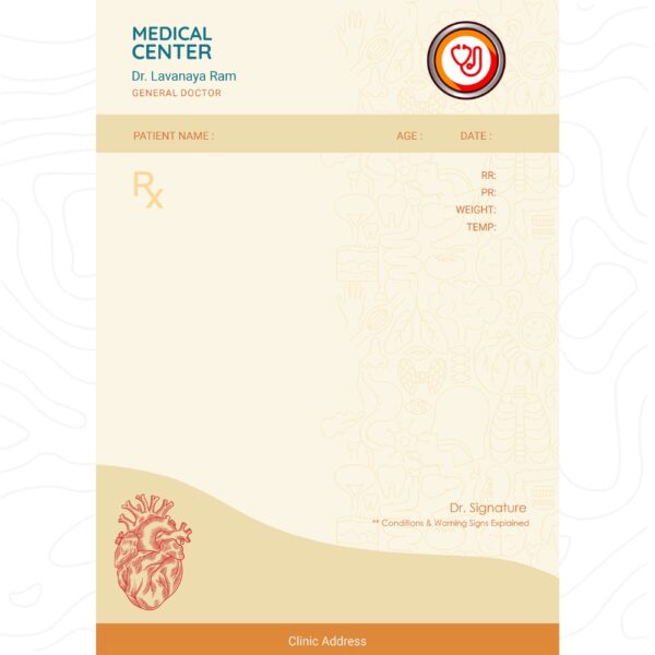 Beige and orange prescription pad featuring medical illustrations, a heart sketch, and fields for patient information, tailored for general practitioners.