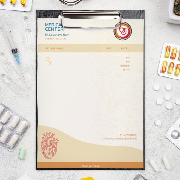 Beige and orange prescription pad featuring medical illustrations, a heart sketch, and fields for patient information, tailored for general practitioners.