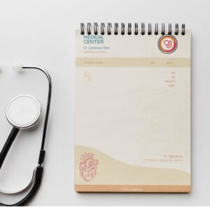 Beige and orange prescription pad featuring medical illustrations, a heart sketch, and fields for patient information, tailored for general practitioners.