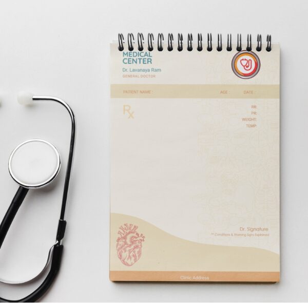 Beige and orange prescription pad featuring medical illustrations, a heart sketch, and fields for patient information, tailored for general practitioners.
