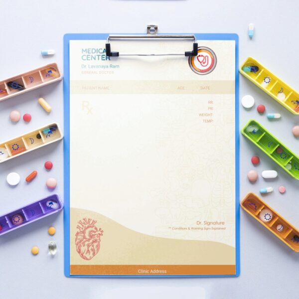 Beige and orange prescription pad featuring medical illustrations, a heart sketch, and fields for patient information, tailored for general practitioners.