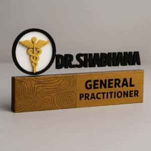 Doctor name plate for General Practitioner with raised acrylic letters and medical symbol on wood base