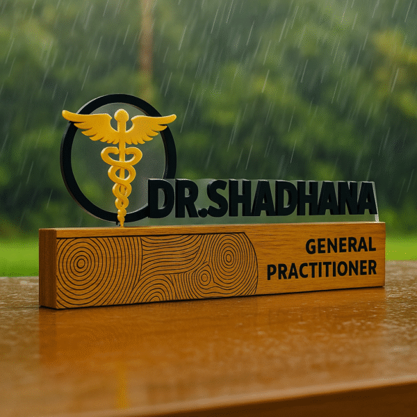 Doctor name plate for General Practitioner with raised acrylic letters and medical symbol on wood base