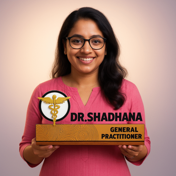 Doctor name plate for General Practitioner with raised acrylic letters and medical symbol on wood base